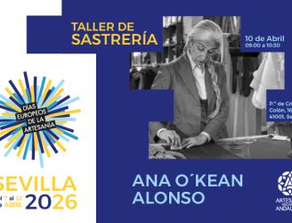 Cartel promocional de un taller titulado “Taller de Sastrería”, impartido por Ana O’Kean Alonso. El evento se celebra el 10 de abril de 2026, en horario de 09:00 a 10:30, en el Paseo de Cristóbal Colón, 16, 41001, Sevilla.